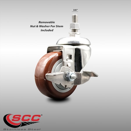 Service Caster 3 Inch 316SS Maroon Polyurethane Swivel 3/8 Inch Threaded Stem Caster with Brake SS316TS20S314-PPUB-MRN-TLB-381615